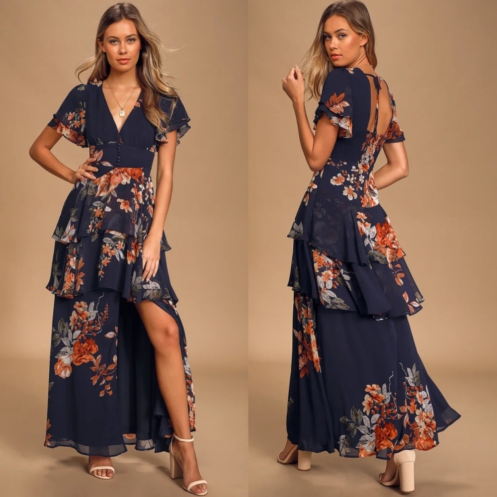 Lulu's Navy Floral High-Low Maxi Dress